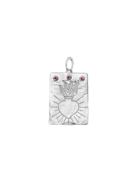 Holy Flaming Heart Charm Red Silver